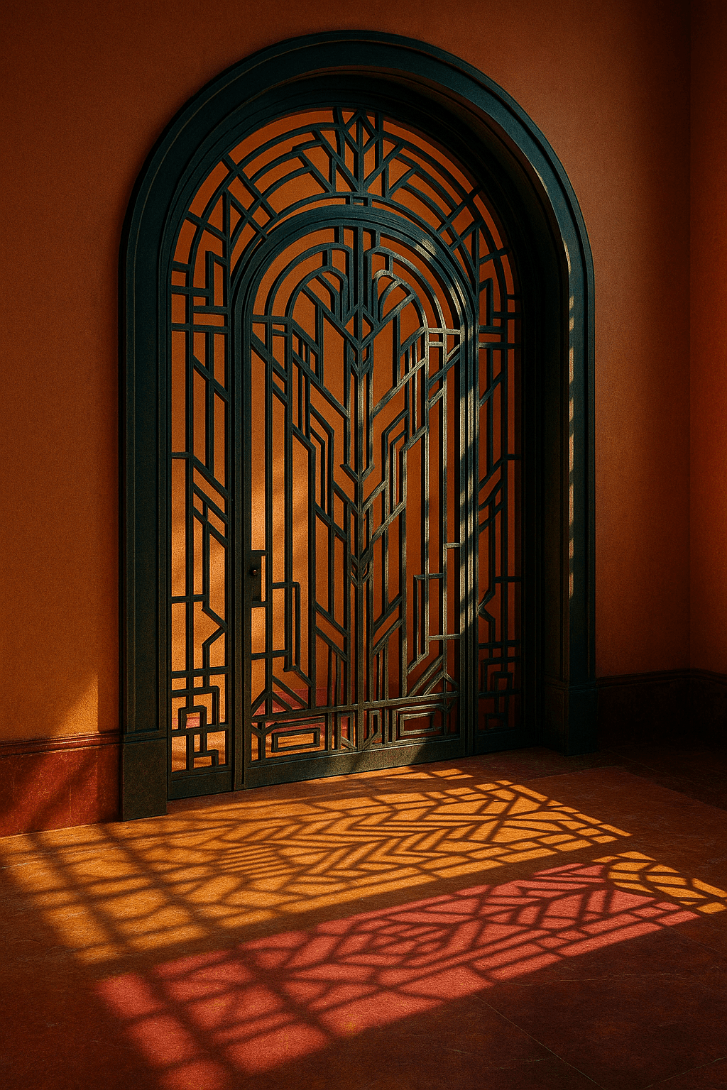 Un majestueux arc en fer forgé, au design Art Déco, se dresse dans un cadre lumineux, baignant l'espace de chaleur. La lumière naturelle filtre à travers des motifs géométriques délicats, projetant des ombres douces sur un sol en marbre poli, rehaussé de couleurs chaudes et de reflets dorés. Le jeu entre la courbure élégante de l'arc et les lignes angulaires des motifs crée une harmonie visuelle qui évoque un sentiment de sérénité et d'accueil., style photoréaliste, rendu photographique très détaillé, éclairage naturel, netteté et précision des matières - ce n’est pas une peinture, aucune texture de toile, aucun coup de pinceau visible