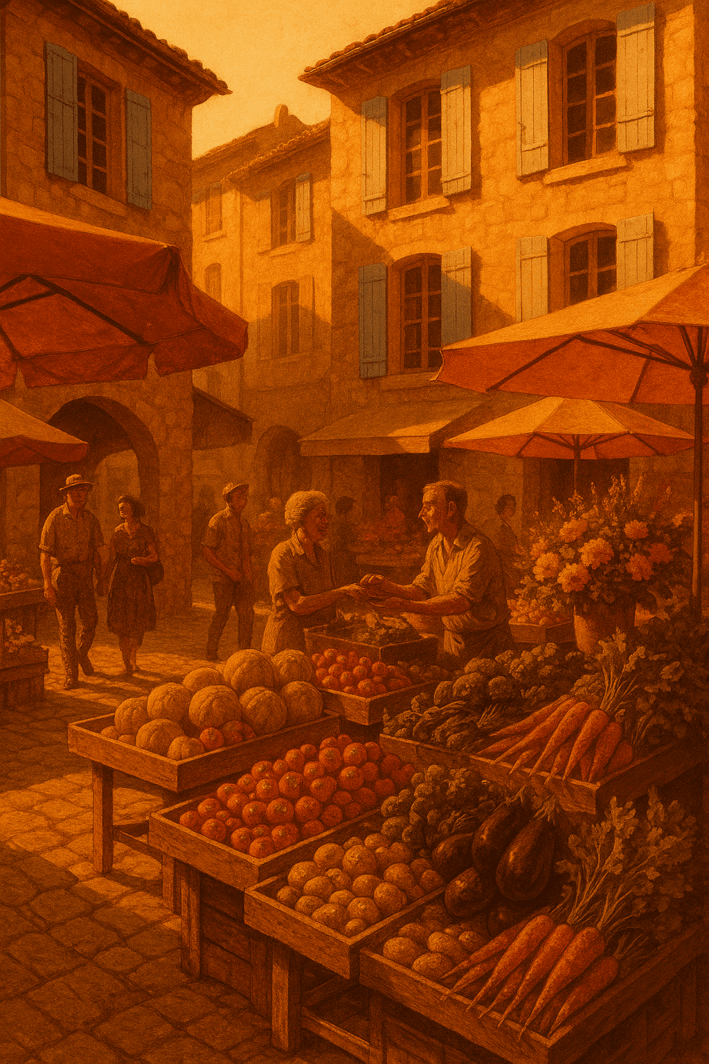 Un marché provençal animé, baigné par la lumière dorée du matin. Des étals colorés avec des fruits juteux, des légumes frais et des fleurs éclatantes sont disposés sur une place pavée. En arrière-plan, de magnifiques façades en pierre aux volets bleus, illuminées par le soleil, tandis que des passants souriants échangent des sourires et des marchandises. L’atmosphère vibrante est accentuée par des ombres douces et des touches de couleur vive., style photoréaliste, rendu photographique très détaillé, éclairage naturel, netteté et précision des matières - ce n’est pas une peinture, aucune texture de toile, aucun coup de pinceau visible