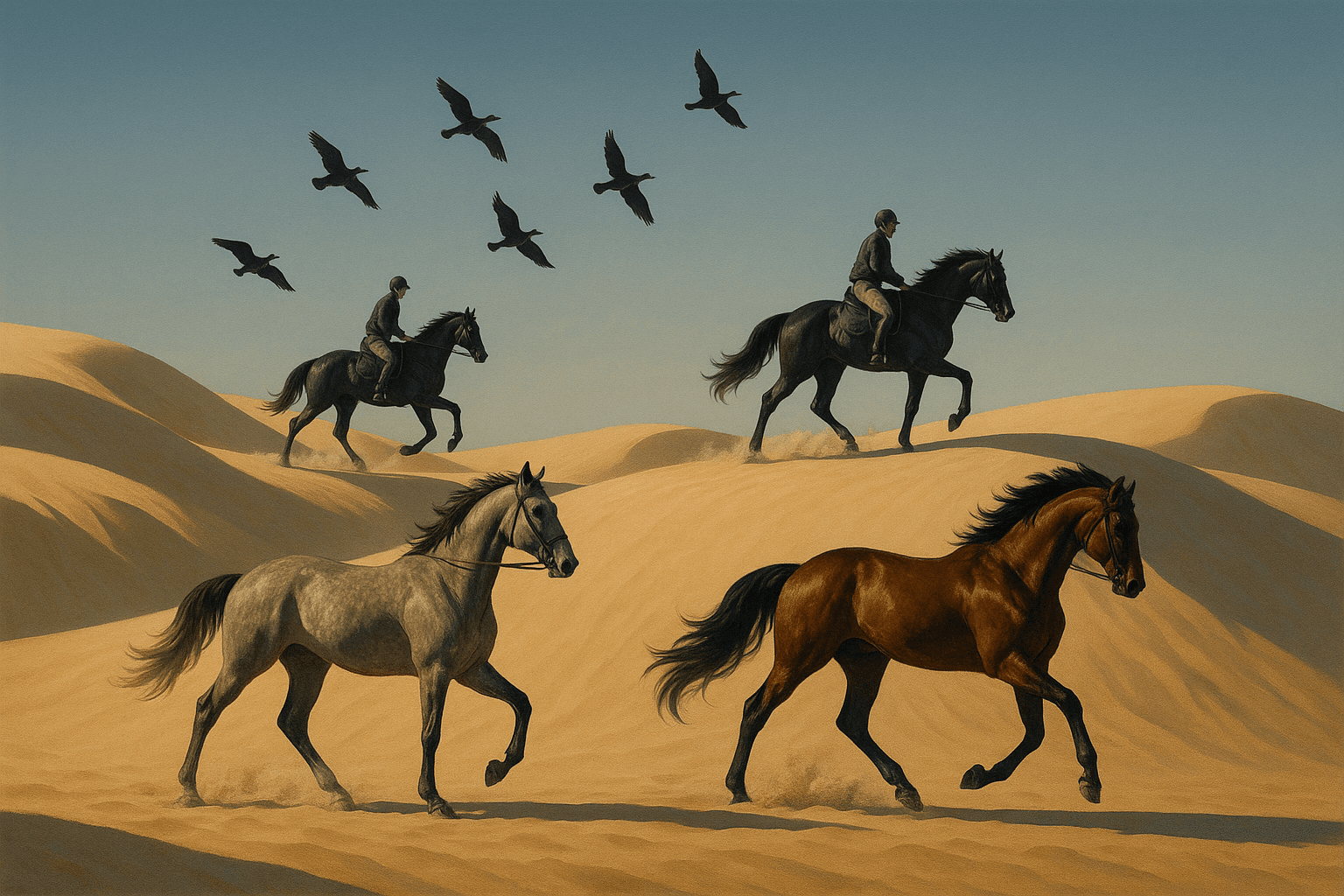 Un tableau imposant dépeint une scène de cavaliers gracieux, naviguant à travers des dunes dorées sous un ciel azur, chaque cheval prenant vie dans une posture dynamique et élégante. Les silhouettes des oiseaux s'élèvent dans les airs, contrastant avec la douceur des courbes sableuses, tandis que la lumière naturelle éclaire subtilement des détails raffinés sur les sabots et les plumes., style photoréaliste, rendu photographique très détaillé, éclairage naturel, netteté et précision des matières - ce n’est pas une peinture, aucune texture de toile, aucun coup de pinceau visible