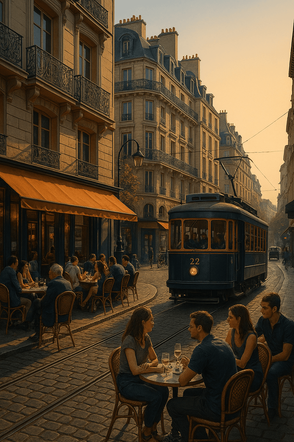 Paris, tramway, café, touristes, style photoréaliste, rendu photographique très détaillé, éclairage naturel, netteté et précision des matières - ce n’est pas une peinture, aucune texture de toile, aucun coup de pinceau visible