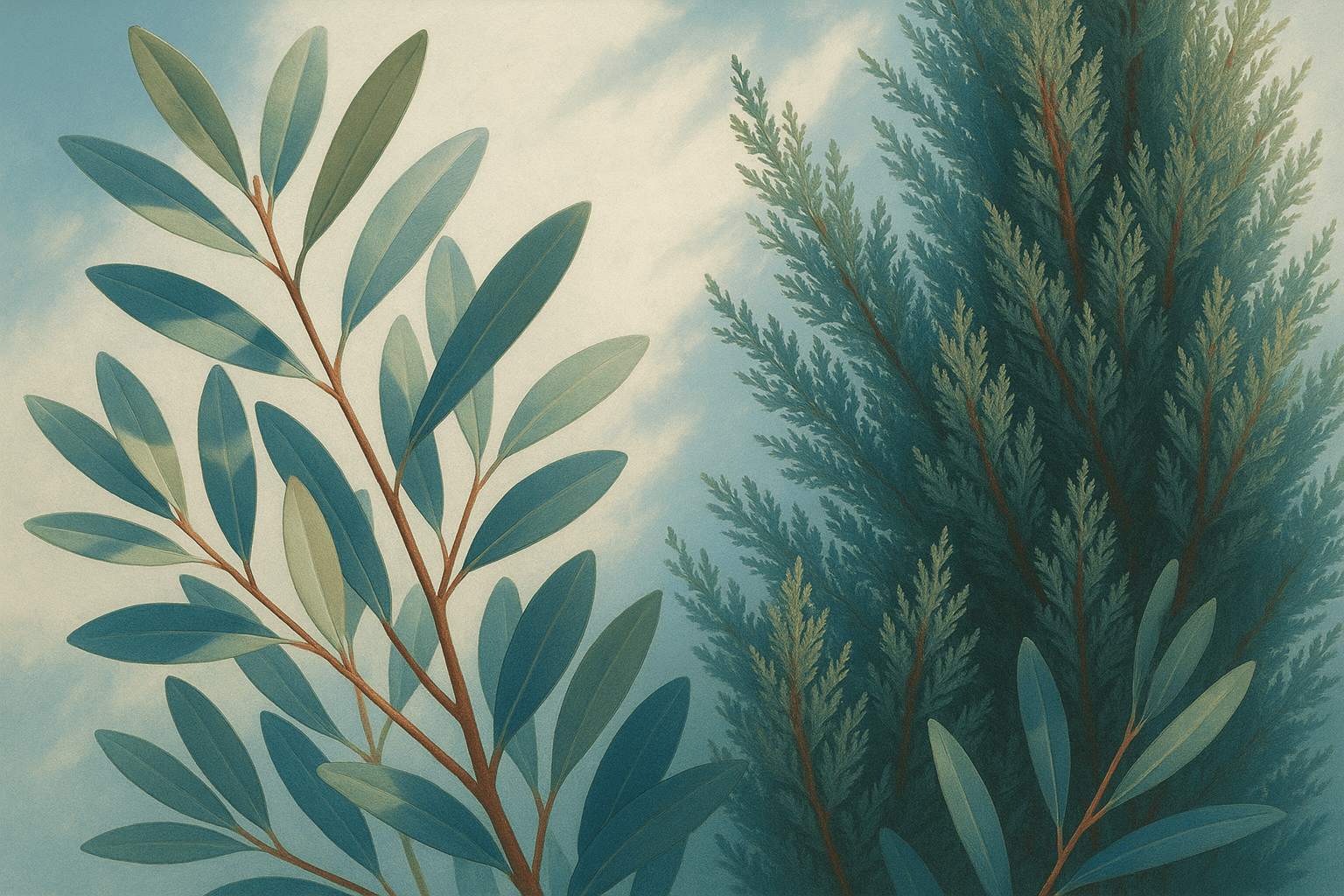 Un tableau évoquant une composition botanique méditerranéenne, mettant en valeur des feuilles d'olivier et des branches de cyprès. Les formes se déploient avec élégance, capturant la lumière naturelle qui se filtre à travers les feuillages. La palette est douce, oscillant entre le vert olive, le bleu azur et le blanc ivoire, créant un contraste apaisant., style photoréaliste, rendu photographique très détaillé, éclairage naturel, netteté et précision des matières - ce n’est pas une peinture, aucune texture de toile, aucun coup de pinceau visible