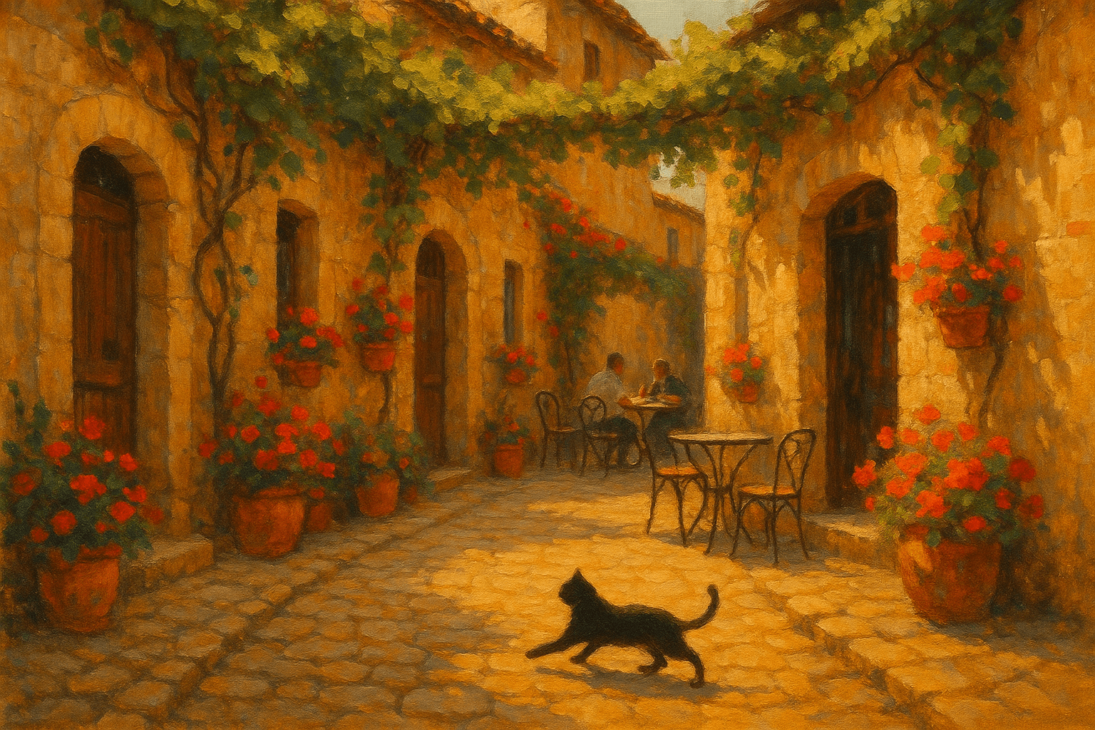 Une scène d'une ruelle pavée d’un village provençal, baignée par la douce lumière dorée du matin. Des murs en pierre claires sont ornés de vignes grimpantes et de pots de fleurs colorés. Au fond, une petite terrasse dévoile des tables en fer forgé où quelques habitants prennent leur café, tandis qu'un chat noir s’étire au soleil. L'atmosphère paisible et chaleureuse invite à la détente., style réaliste, rendu photographique, détails précis