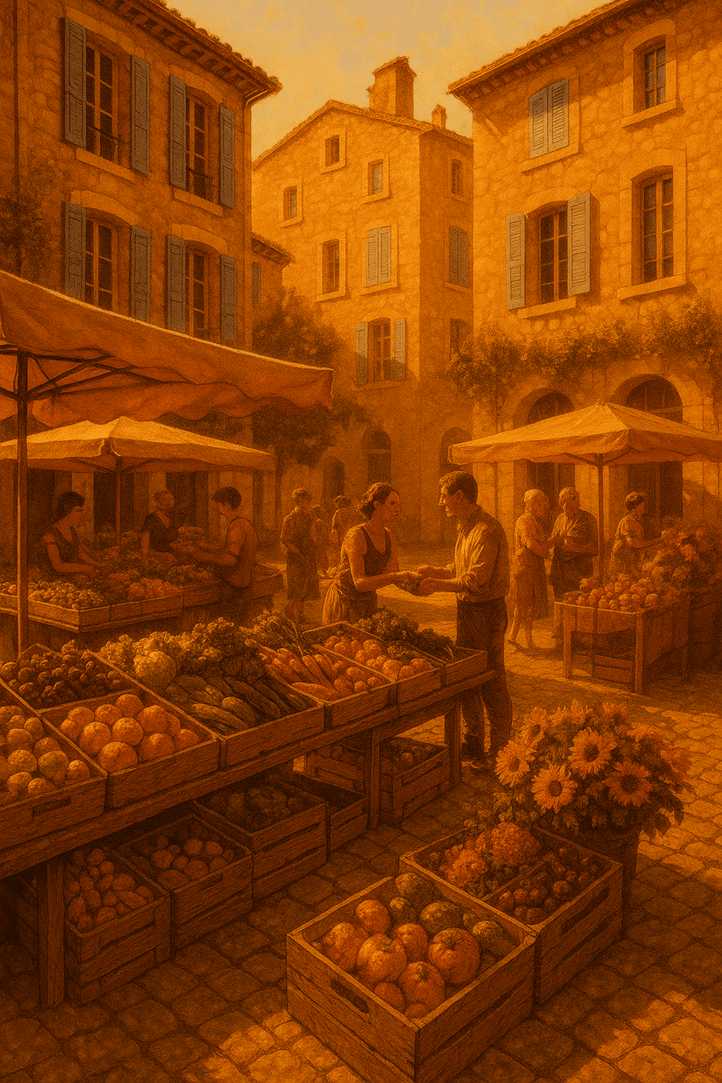 Un marché provençal animé, baigné par la lumière dorée du matin. Des étals colorés avec des fruits juteux, des légumes frais et des fleurs éclatantes sont disposés sur une place pavée. En arrière-plan, de magnifiques façades en pierre aux volets bleus, illuminées par le soleil, tandis que des passants souriants échangent des sourires et des marchandises. L’atmosphère vibrante est accentuée par des ombres douces et des touches de couleur vive., style photoréaliste, rendu photographique très détaillé, éclairage naturel, netteté et précision des matières - ce n’est pas une peinture, aucune texture de toile, aucun coup de pinceau visible
