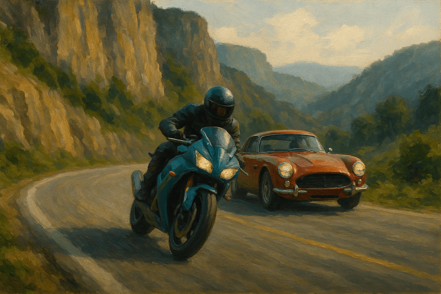 Moto, voiture, course, montagnes, style réaliste, rendu photographique, détails précis