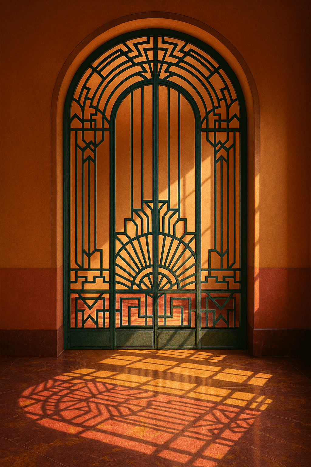 Un majestueux arc en fer forgé, au design Art Déco, se dresse dans un cadre lumineux, baignant l'espace de chaleur. La lumière naturelle filtre à travers des motifs géométriques délicats, projetant des ombres douces sur un sol en marbre poli, rehaussé de couleurs chaudes et de reflets dorés. Le jeu entre la courbure élégante de l'arc et les lignes angulaires des motifs crée une harmonie visuelle qui évoque un sentiment de sérénité et d'accueil., style photoréaliste, rendu photographique très détaillé, éclairage naturel, netteté et précision des matières - ce n’est pas une peinture, aucune texture de toile, aucun coup de pinceau visible