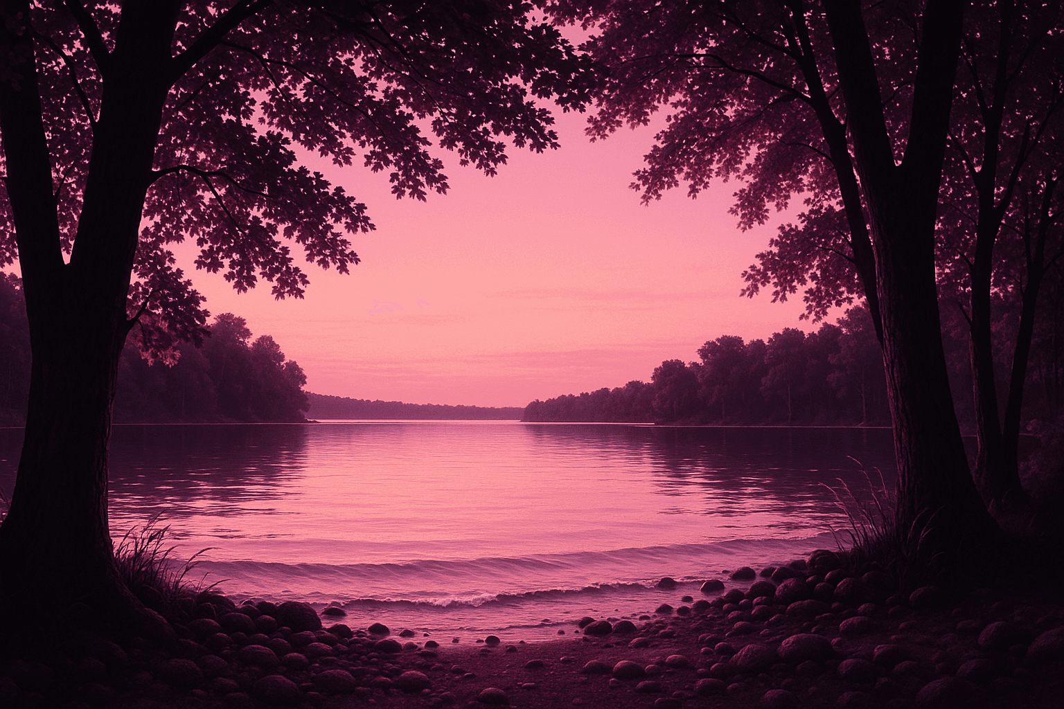 A tranquil lakeside view unfolds, showcasing a serene body of water mirroring the soft hues of a sunset. Towering trees frame the scene, their intricate leaves filtering the warm golden light that cascades through the branches, creating dappled patterns on the forest floor. In the foreground, gentle waves lap against smooth pebbles, while wisps of delicate reeds sway softly, inviting a sense of peaceful contemplation., style photoréaliste, rendu photographique très détaillé, éclairage naturel, netteté et précision des matières - ce n’est pas une peinture, aucune texture de toile, aucun coup de pinceau visible