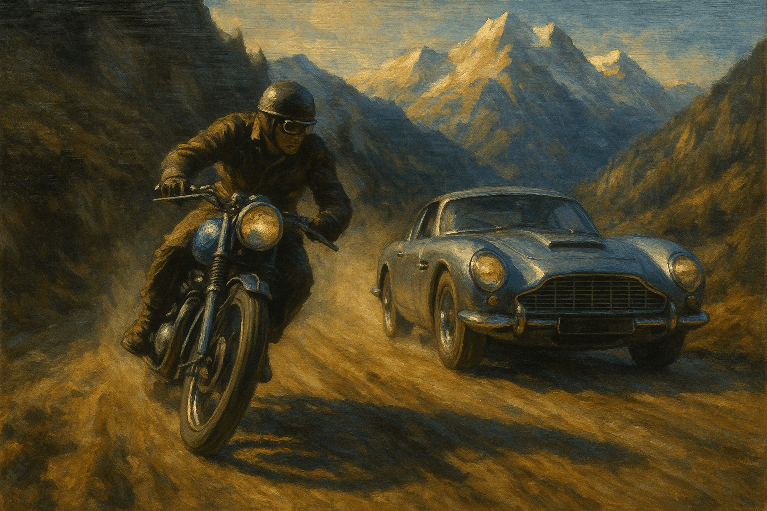 moto, voiture, course, montagne, style réaliste, rendu photographique, détails précis
